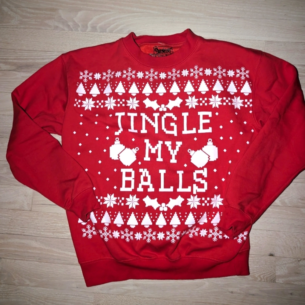 Funny Red Holiday Christmas Sweatershirt / Sweater " Jingle my Balls " Small